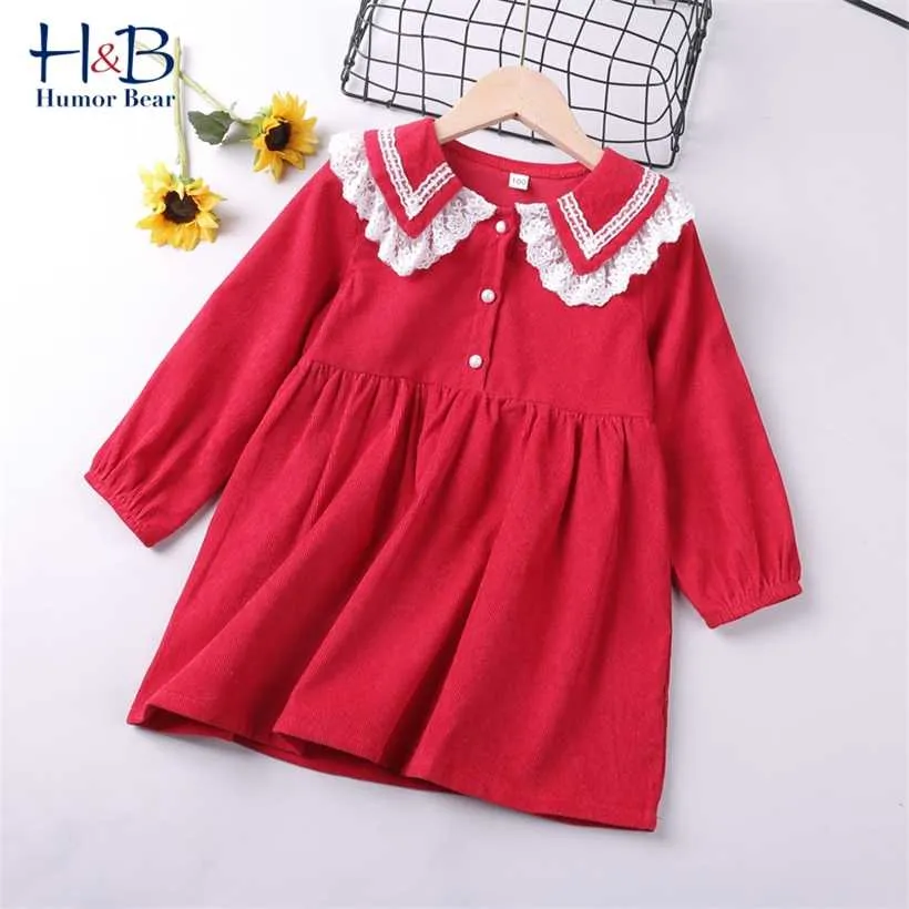Humor Bear Girls Dress Autumn Winter Lace Collar Long Sleeve Solid Printed es Sweet Children Princess For 2-6Y 220112