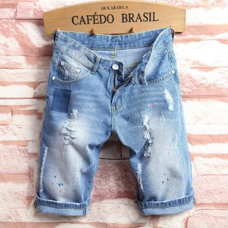 Luz azul jeans homens verão buraco moda denim shorts tamanho grande algodão alta qualidade reta joelho comprimento homens