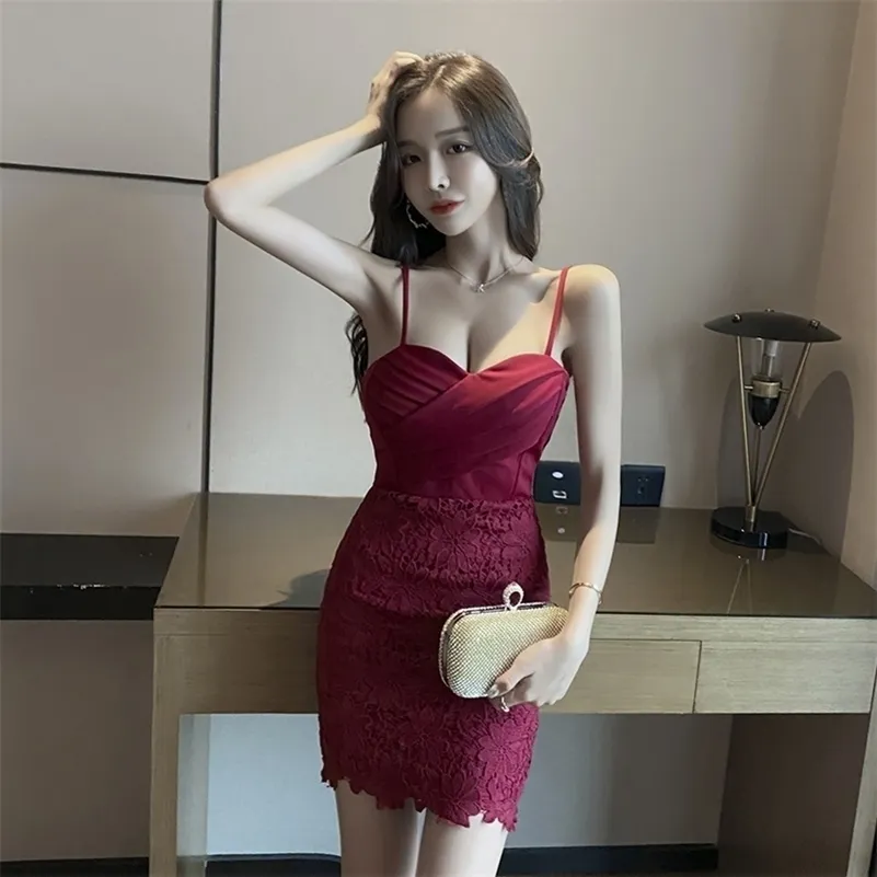 Nightclub women's sexy low-cut waist lace stitching thin buttocks dress exposed chest Polyester CN(Origin) Office Lady 210416