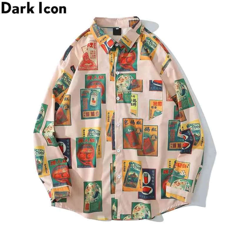 Dark Icon Vintage Printed Shirts Men Turn-down Collar Men's Shirt Streetwear for Man 210721