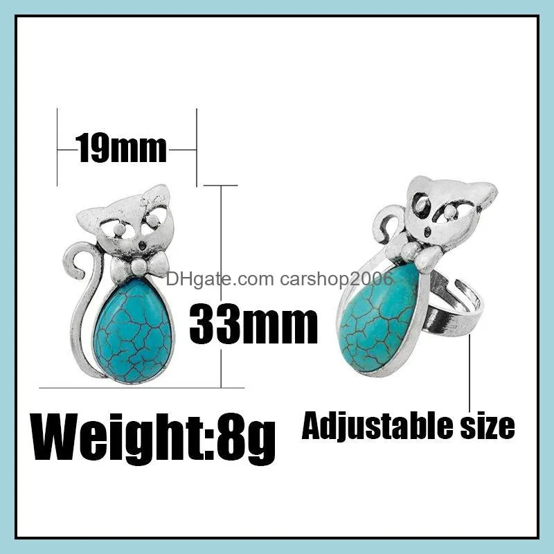 Europe and America ancient silver ring retro bow kitten shape turquoise turquoise ring fox female