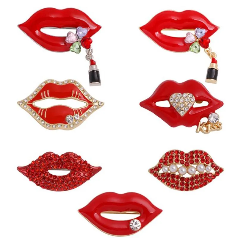 Pins, broches 1 pcs cor vermelha rhinestone lábios para mulheres sexy boca broche pin brilhando moda jóias presente
