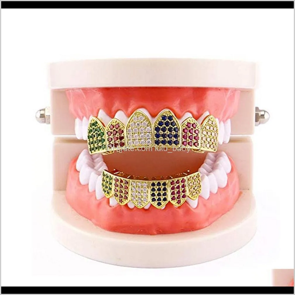 colorful grillz set gold plated cz crystal teeth dental grill bling gold teeth grillz top bottom grills