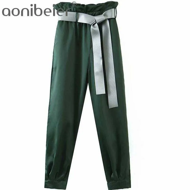 Spring Summer Casual Women Long Trousers Green Fashion Bud Elastic High Waist Harem Pants Female Bottoms with Belt 210604