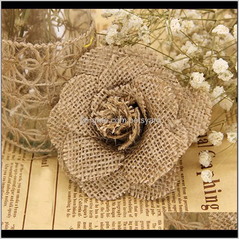 chic popular hot sale handmade jute 9cm 1pc burlap flowers wedding decoration party supplies linen flowers christmas