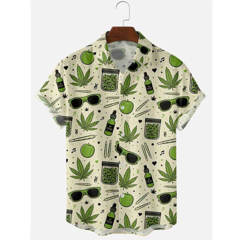 Verão Mais Recente Mens Hawaiian Camisa Designer Engraçado Óculos De Sol Folha Cópia Casual Ajuste Solta Sleeve Camisas 100 pcs 210527