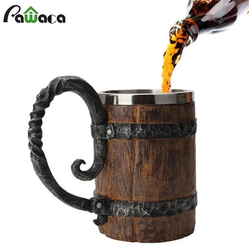 Tasse à bière Double couche en bois de Simulation, baril en bois de 550ml, tasse à boire en acier inoxydable, verres à café, verre à whisky artisanal