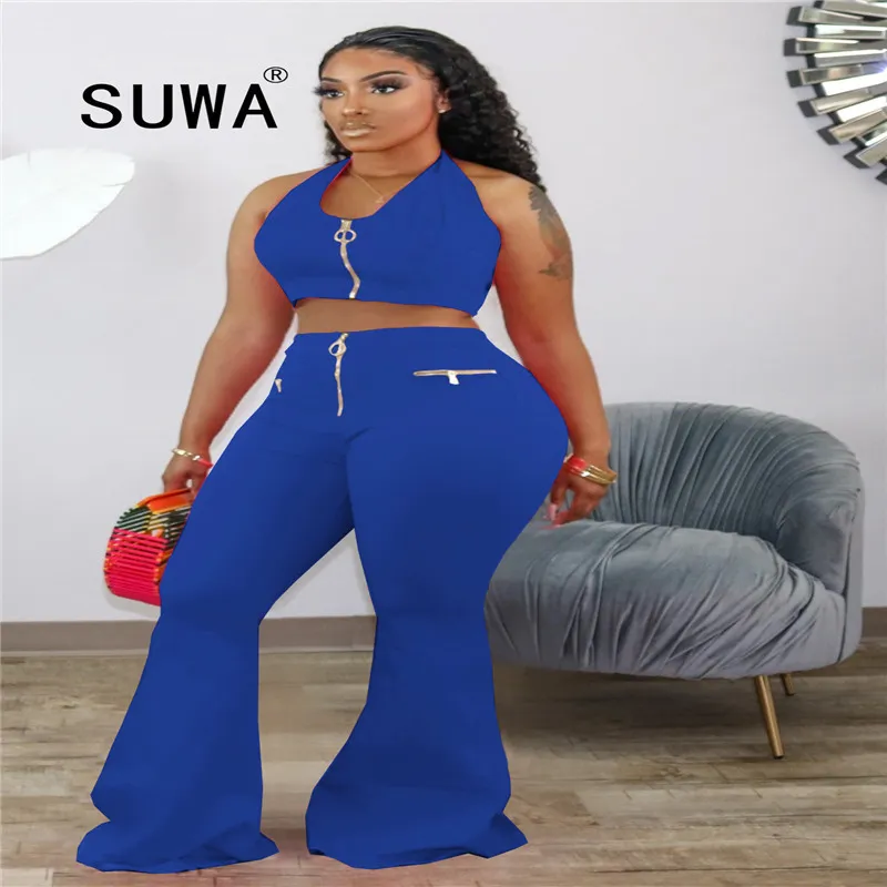 Women Set Clothing For Summer Sexy Fashion Tank Crop Top + High Waist Flare Pants Trousers Plus Size Party Night Club Outfits 210525