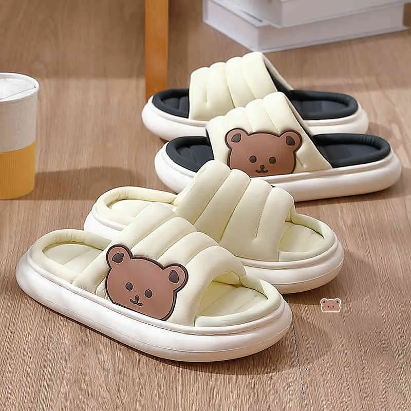 Cartoon Bear Home Cotton Linen Women Slippers Thick Bottom Indoor Floor Slides Spring and Autumn Couples Sandals Shoes