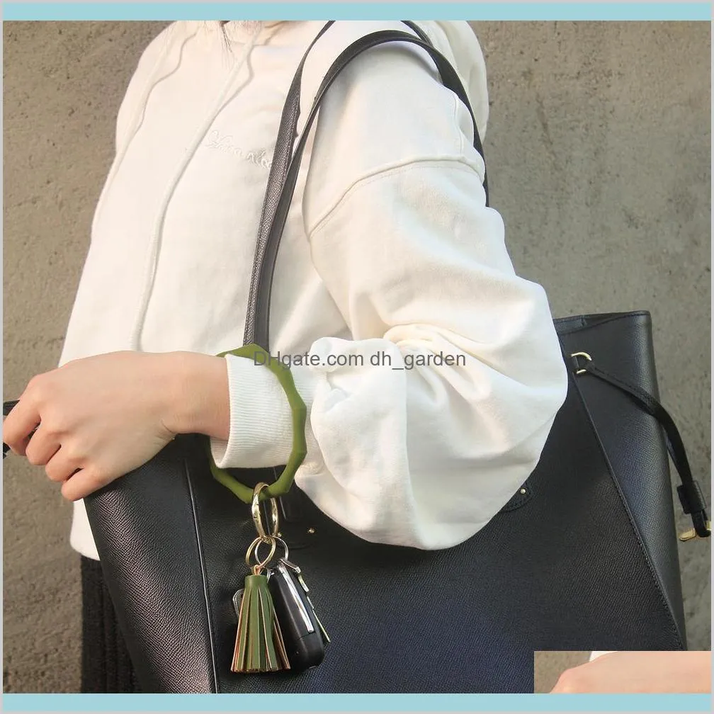 silicone wristlet keychain bracelet with leather tassel bangle keyring large circle key ring faced bracelet holder for women girls