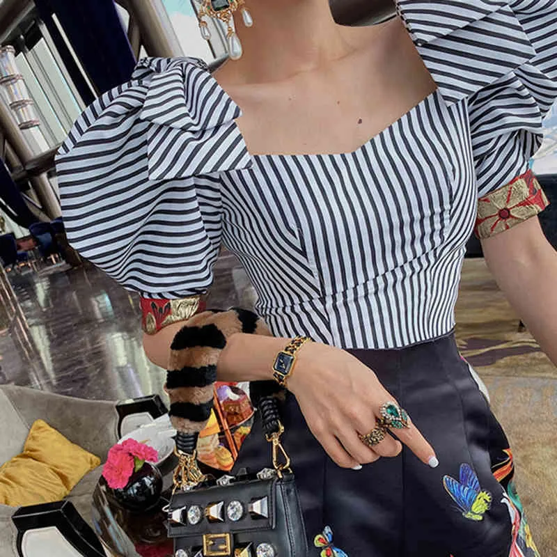 Camicia Da Donna Vintage A Righe Con Colletto Quadrato E Maniche Corte A Sbuffo Patchwork Camicette Colorate Abiti Femminili 210524 Da 55 78 DHgate