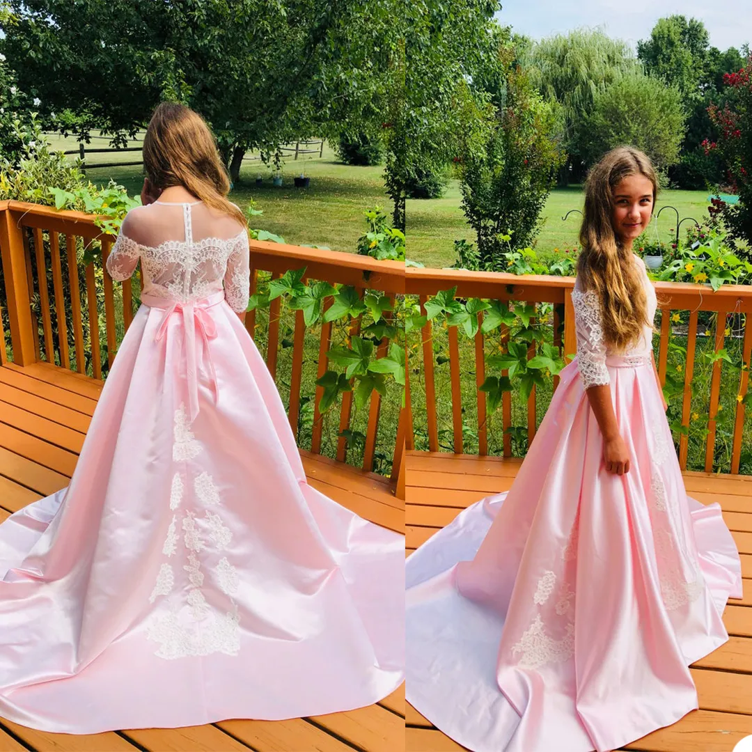 2021 Fashion Flower Girl Dresses for Wedding Party Gowns En Linje Golv Längd Kortärmad Snören Jewel Appliques First Communion Dress