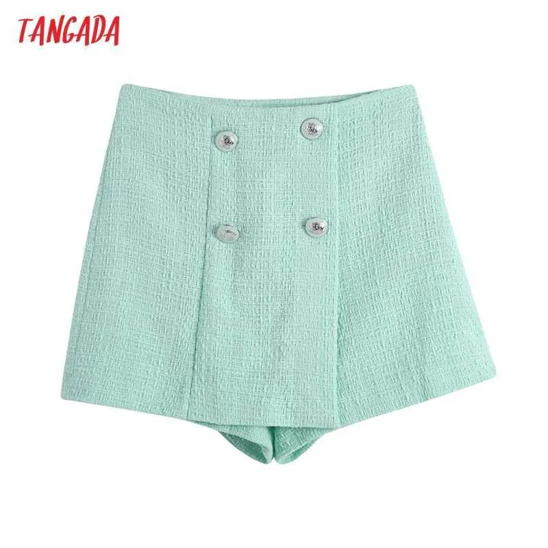 Tangada Mulheres elegante Dupla Breasted Tweed Shorts Zipper Bolsos Feminino Retro Casual Shorts Pantalones Be572 210609
