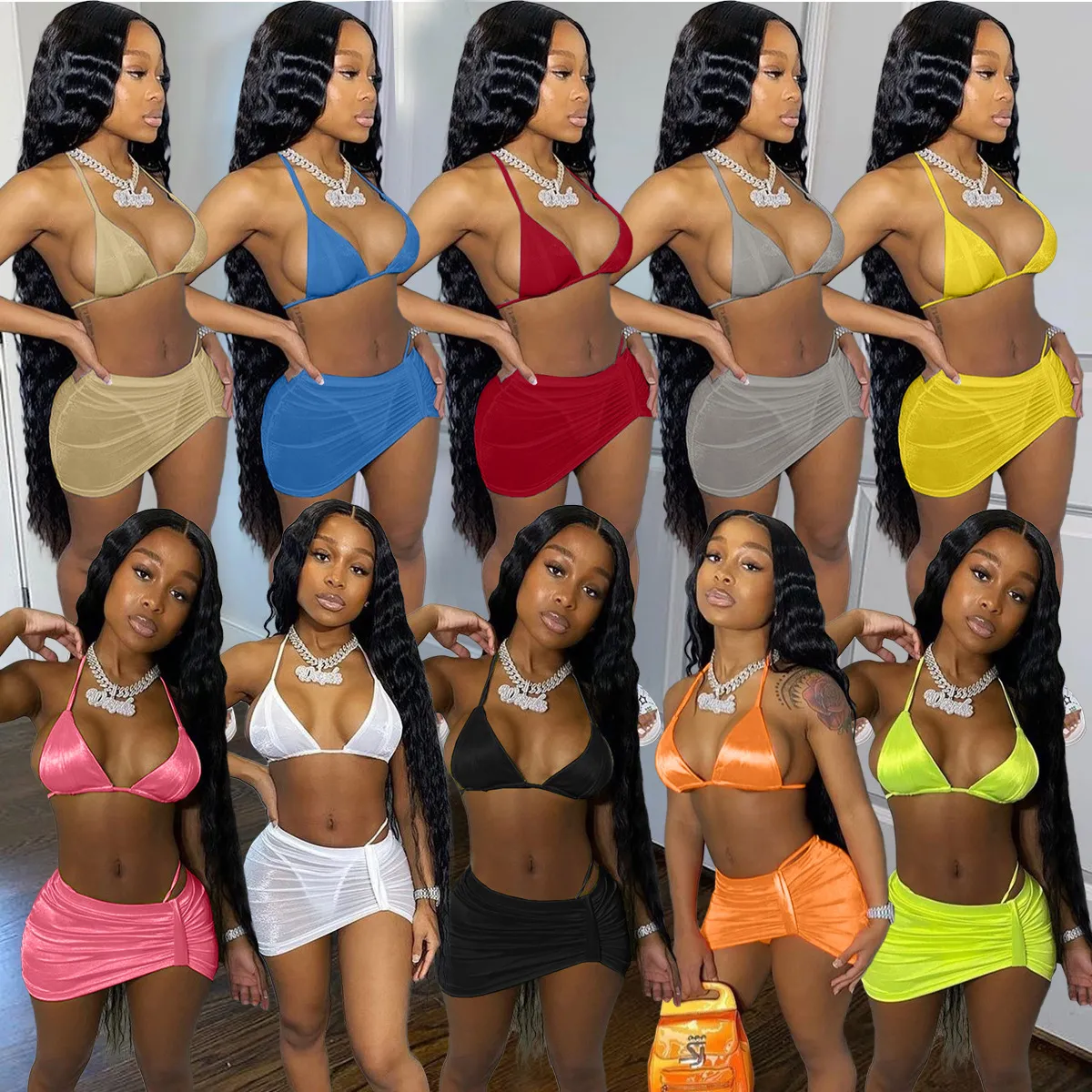 Women tracksuits 2021 spring and summer Designer Fashion women's sexy bikini neck swimsuit three piece sets Slim Solid color suspender Short skirt Outfits