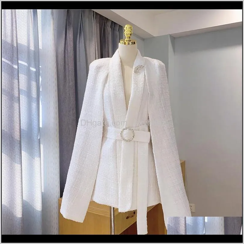 england style 2020 autumn tweed cloak jacket cape woolen long coat runway women belt shawl coats turn-down collar white jackets1