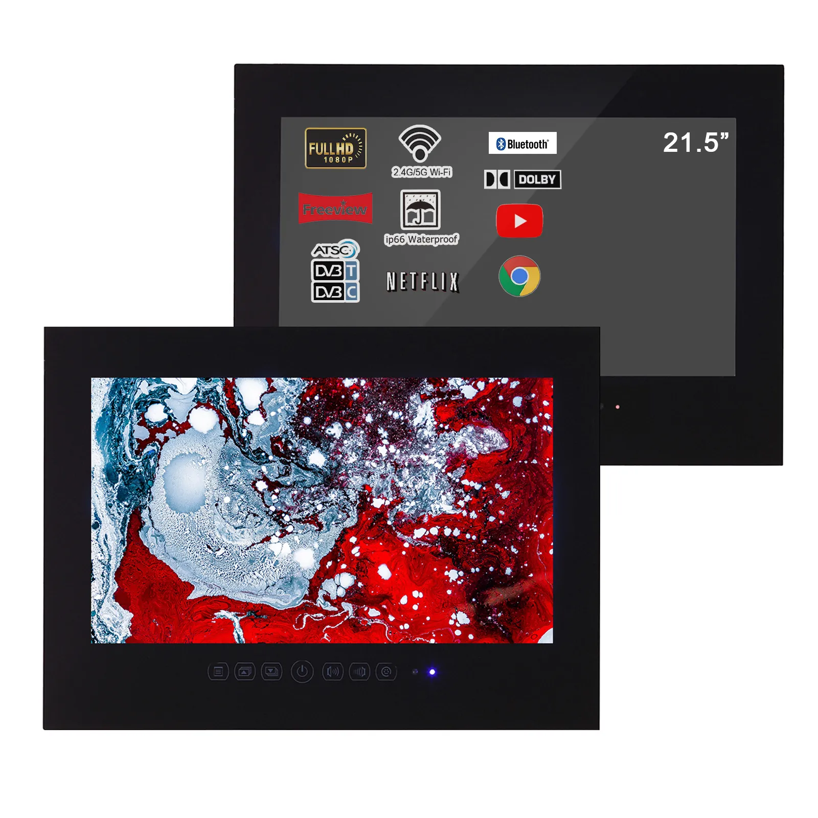 Soulaca 21.5 بوصة الحمام الأسود LED TV Smart Android Hotel TV Glass Panel Panel Likeless Full HD 1080