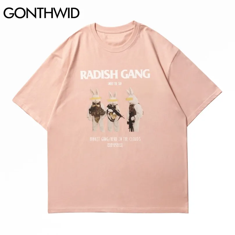 T-Shirt Streetwear décontracté hommes dessin animé lapins imprimer à manches courtes t-shirts Harajuku Hip Hop coton t-shirt lâche hauts à la mode 210602
