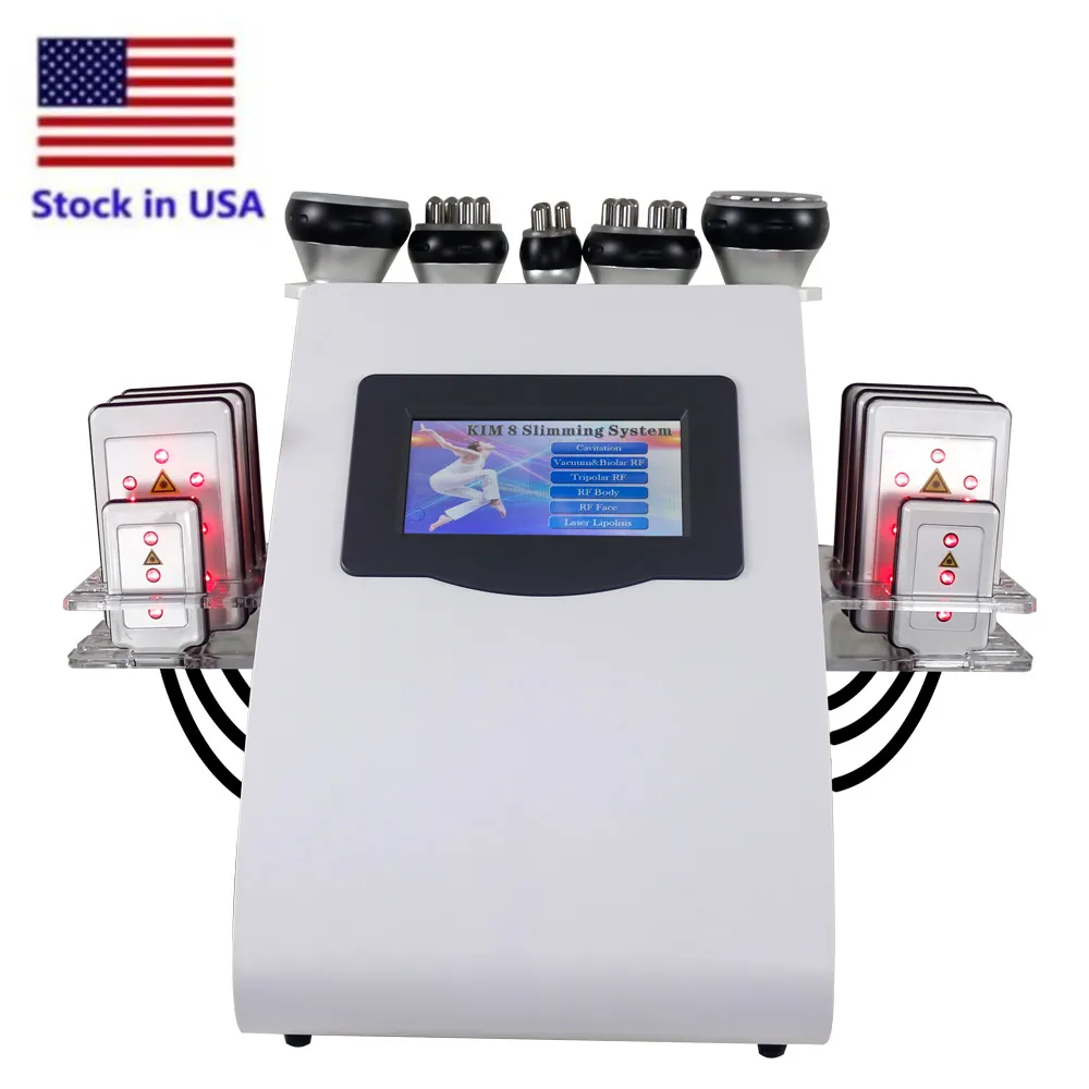 Lager in den USA 6 in 1 40k Ultraschall Kavitation RF Cellulite Abnehmen Vakuum Pressotherapie Radiofrequenz 8 Pads Laserdiode Lipo Gewichtsverlust Maschine