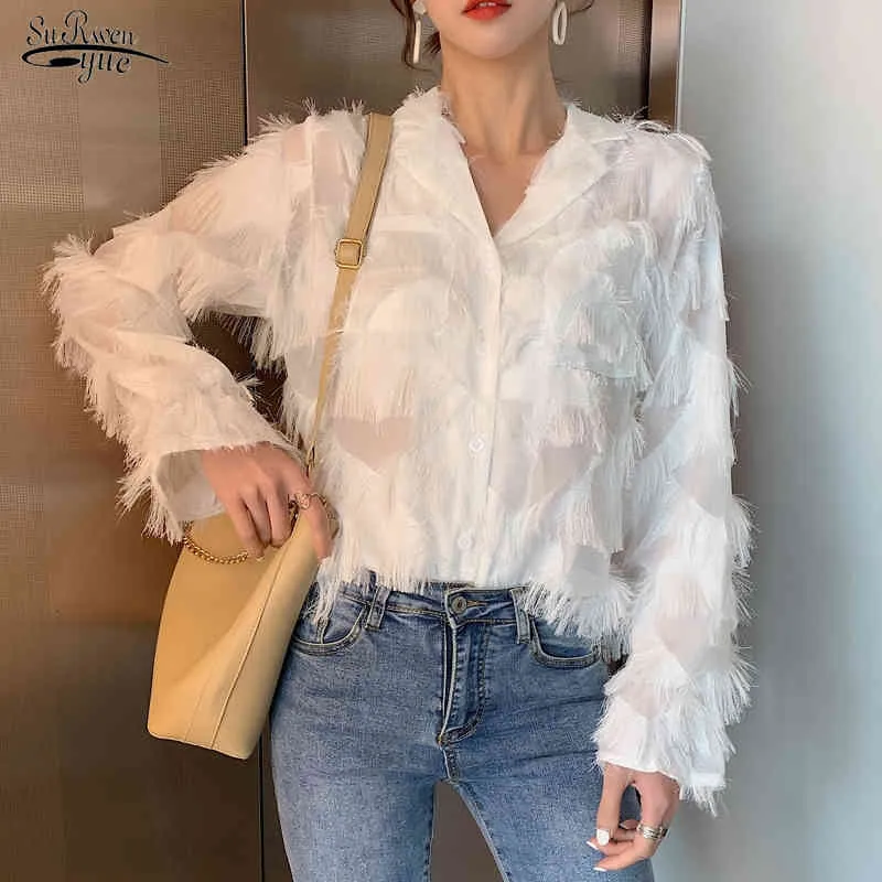 Lente losse vrouwen shirts blouses lange mouw witte blouse revers veer kwast chiffon shirt tops blusas para mujer 12692 210521