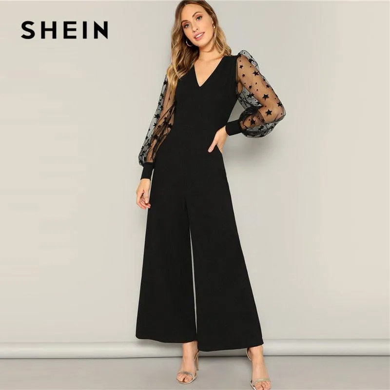 Acquistare Tute Da Donna Pagliaccetti Shein Black Contrast Mesh Galaxy  Stampa Manica Top E Ampia Gamba Pantaloni Donne Elegante Con Scollo A V OL  Lavoro Tuta Plain Tuta Economico | Consegna Veloce