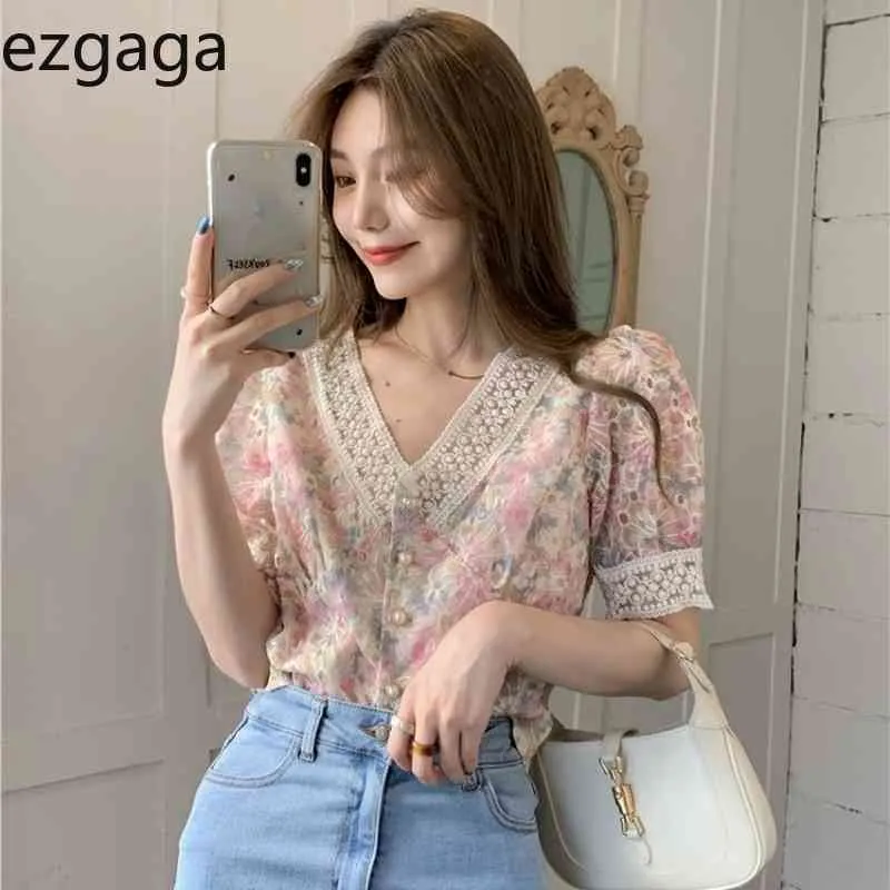 Ezgaga laço patchwork floral blusa mulheres v-pescoço elegante manga curta botão de pérola verão coreano chique senhoras camisas fino 210430