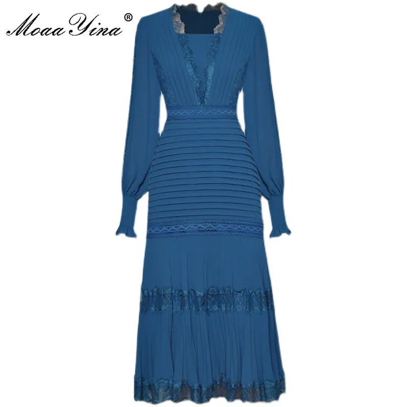 Fashion Runway Summer Black/Blue Dress Women V-neck Lace Patchwork Long sleeve High street Lady Elegant Midi 210524