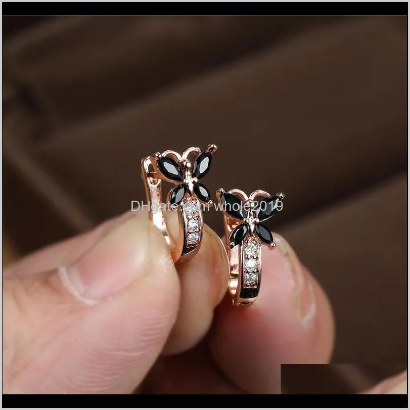 black cz stone cute butterfly hoop earrings for women wedding jewelry vintage fashion gold/black/rose gold/silver color earrings