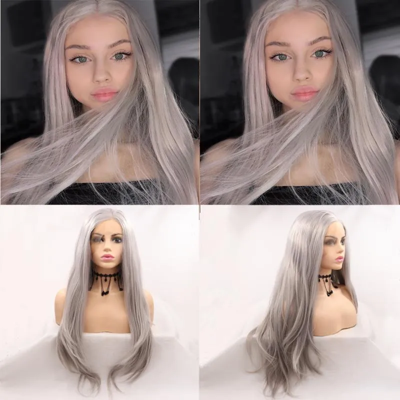 Perucas sintéticas Melody Silver Cinzento Natural Wig Wig Platinum Loira Laço Rendas Frontal Fibra Resistente ao Calor Para As Mulheres Arraste a Rainha