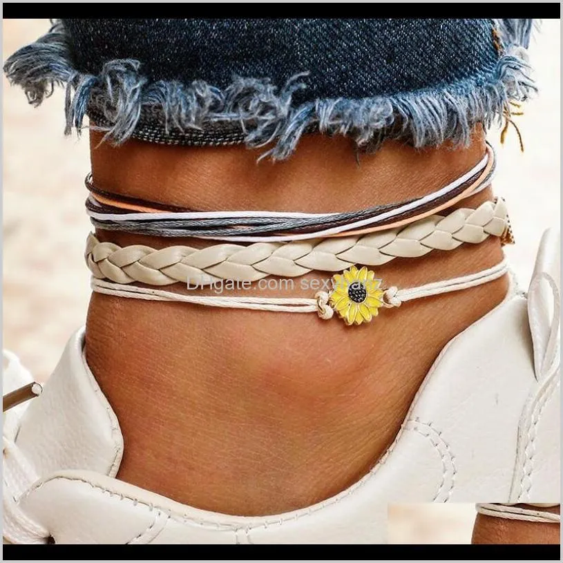 3Pcsset Belle Corde Tressée Petite Marguerite Alliage Charme Pendentif Bracelets De Cheville Géométrique En Métal Fleur Bracelets Tissage Tresse Cheville Hommes Femmes 6Z Mpd3T