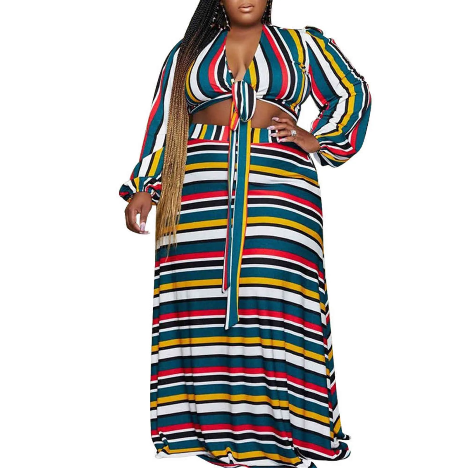 Zoctuo 플러스 사이즈 스커트 가을 긴 소매 드레스 V 넥 다채로운 스트라이프 인쇄 큰 레이스 2111115