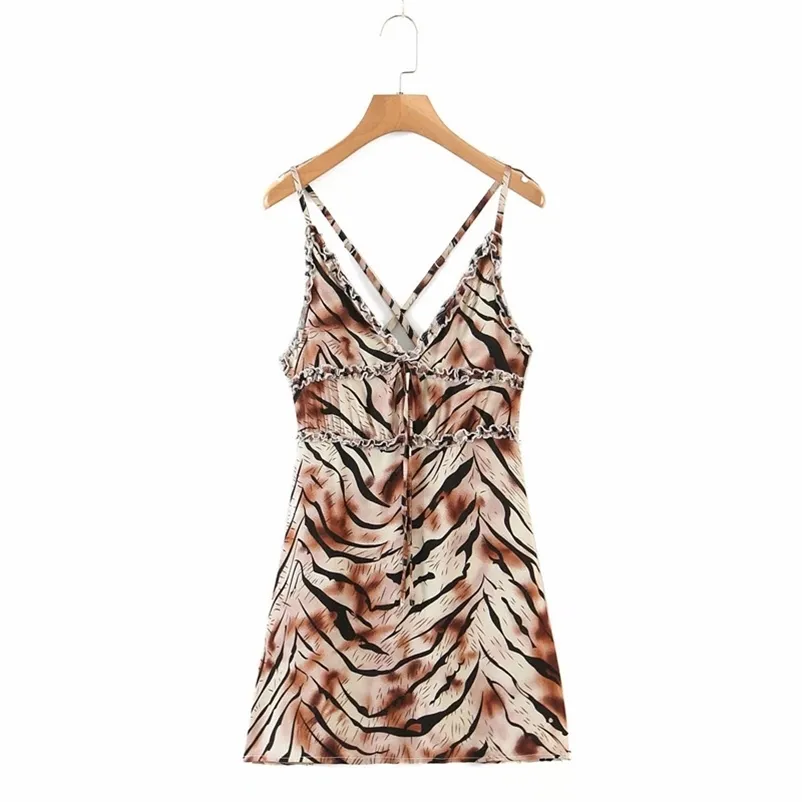 PUWD Sexy Women Soft Cotton V Neck Dress Summer Fashion Ladies High Street Female Tiger Pattern Suspender Pajamas 210522