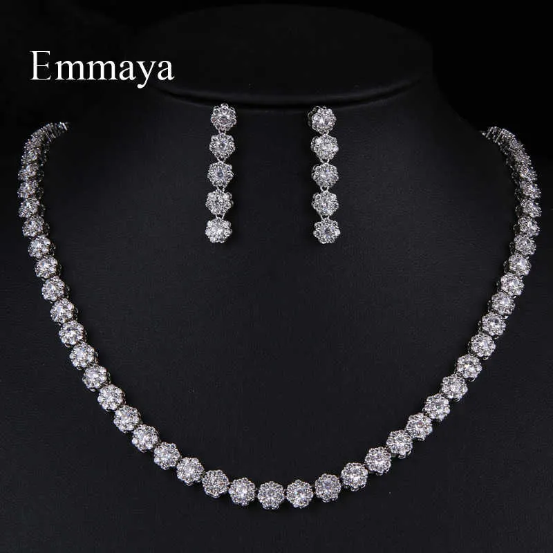 Emmaya fascinerande rund blomma design för kvinnlig mode uttalande AAA Zirconia lång örhänge och halsband Elegant smycken Set H1022
