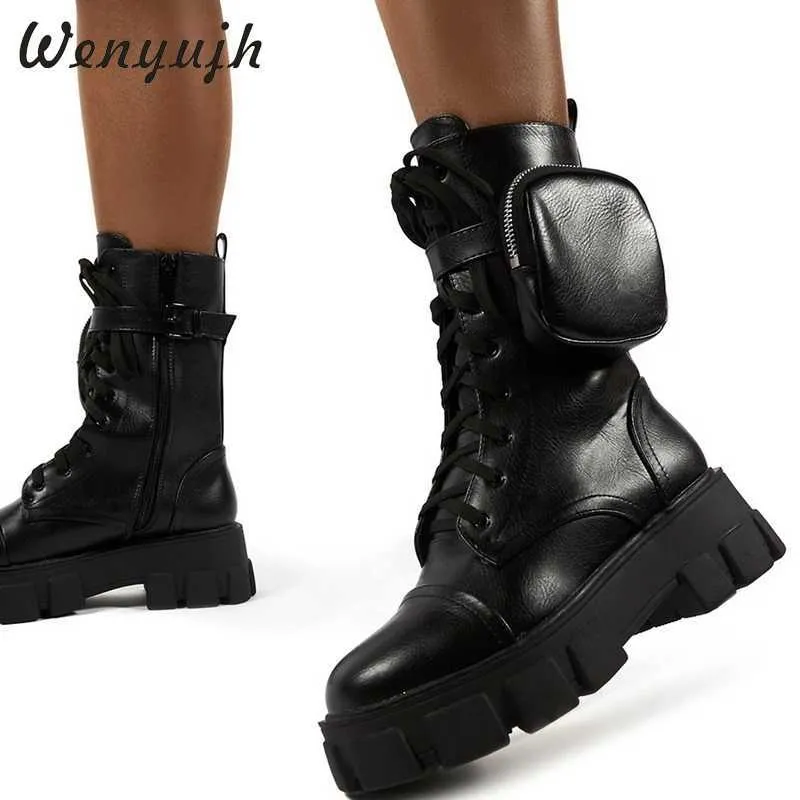 WENYUJH 2020, botas de bolsillo para mujer, botines con cordones para mujer, correa de hebilla para mujer, bolsa gruesa negra, botines con plataforma Y0914