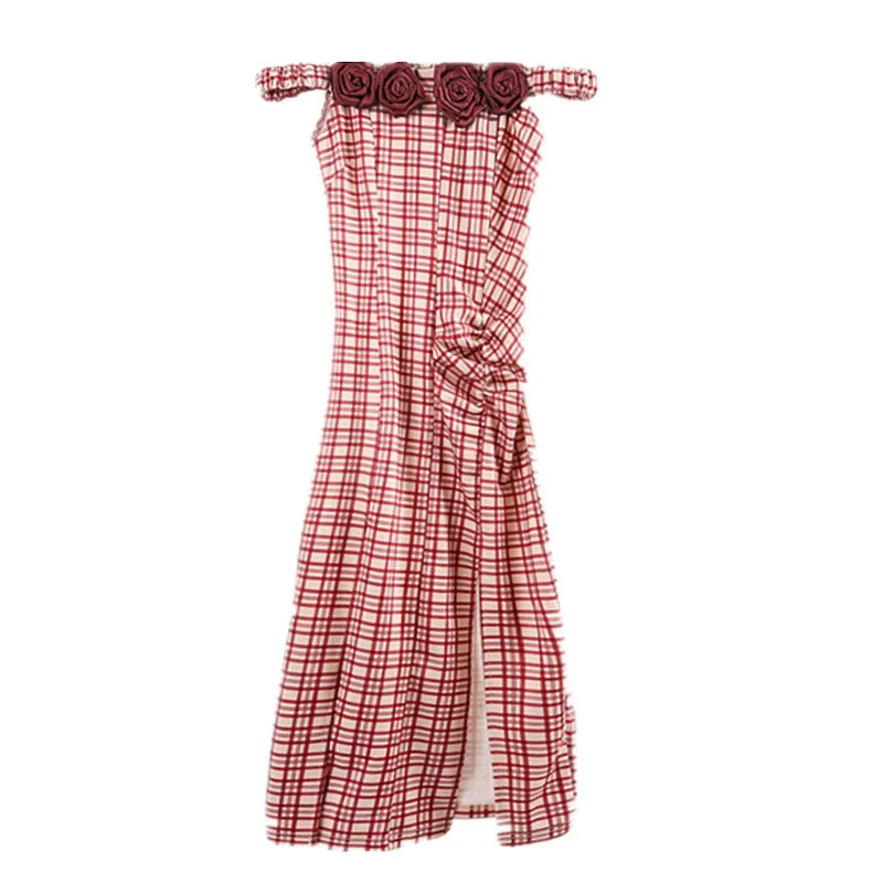 Women Strap Off Shoulder Rose Plaid Red Knee Length Pencil Dress Summer Elegant D1068 210514