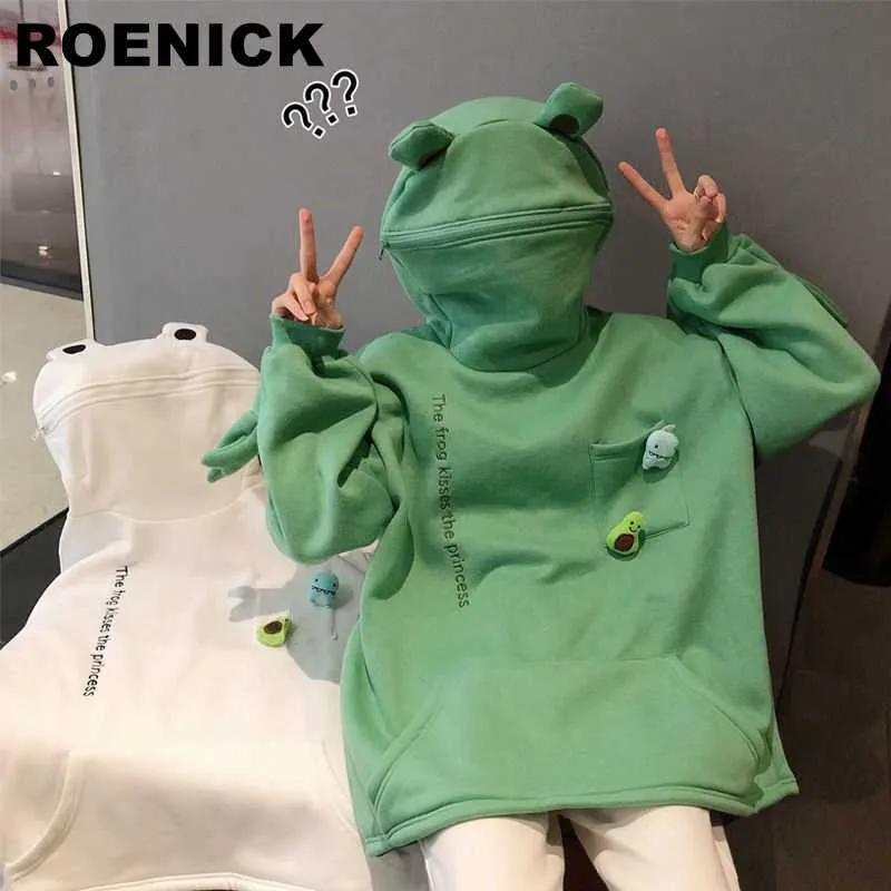 ROENICK sweats à capuche femmes broderie grenouille pulls Couple Plus velours épais sweat à capuche poche coréen lâche manteau X0721