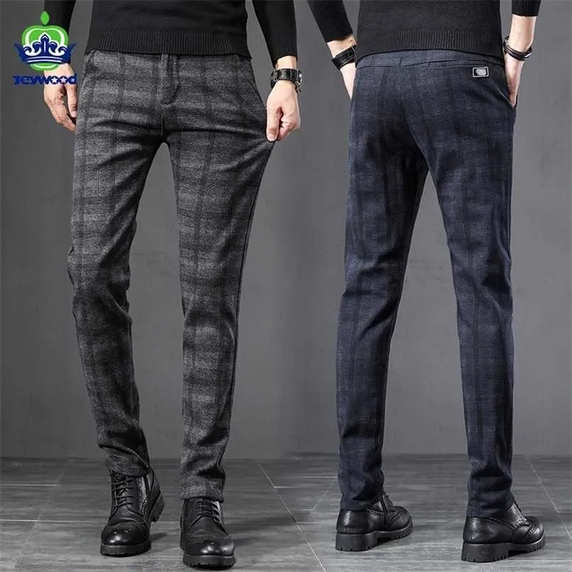 Autumn Winter England Plaid Thick Work Stretch Pants Men Business Fashion Slim Fit Grey Casual Pant Male Brand Trousers 38 211201