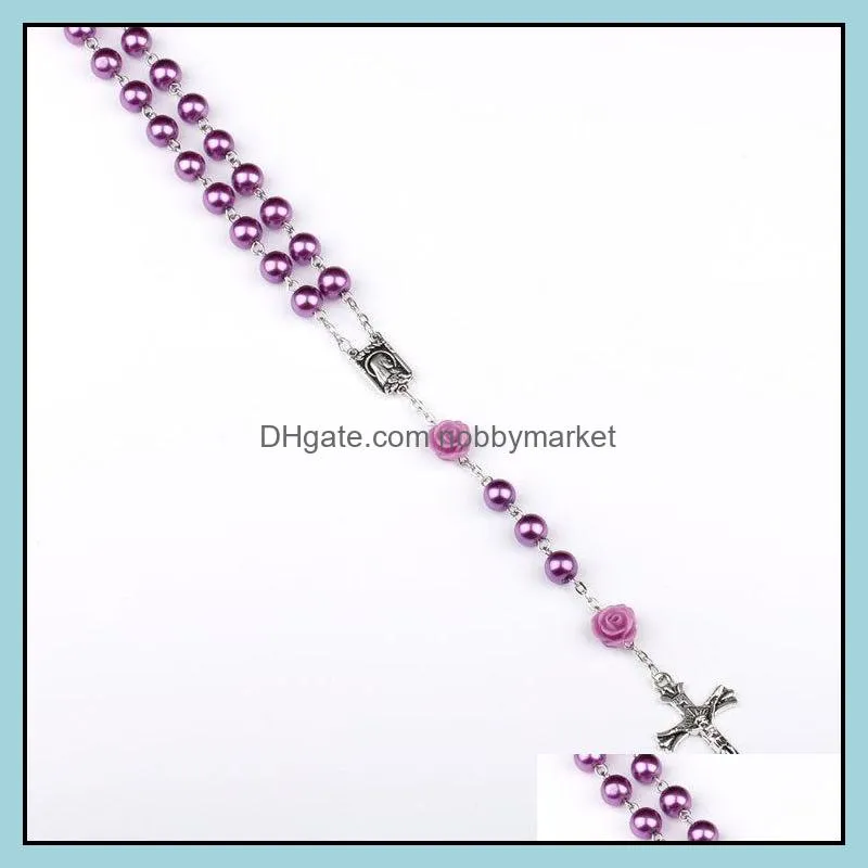 Purple Prayer Beads Catholic Rosary Long necklace For women Mens Religious Catholic Madonna Jesus Cross Pendant Rose Flower chains