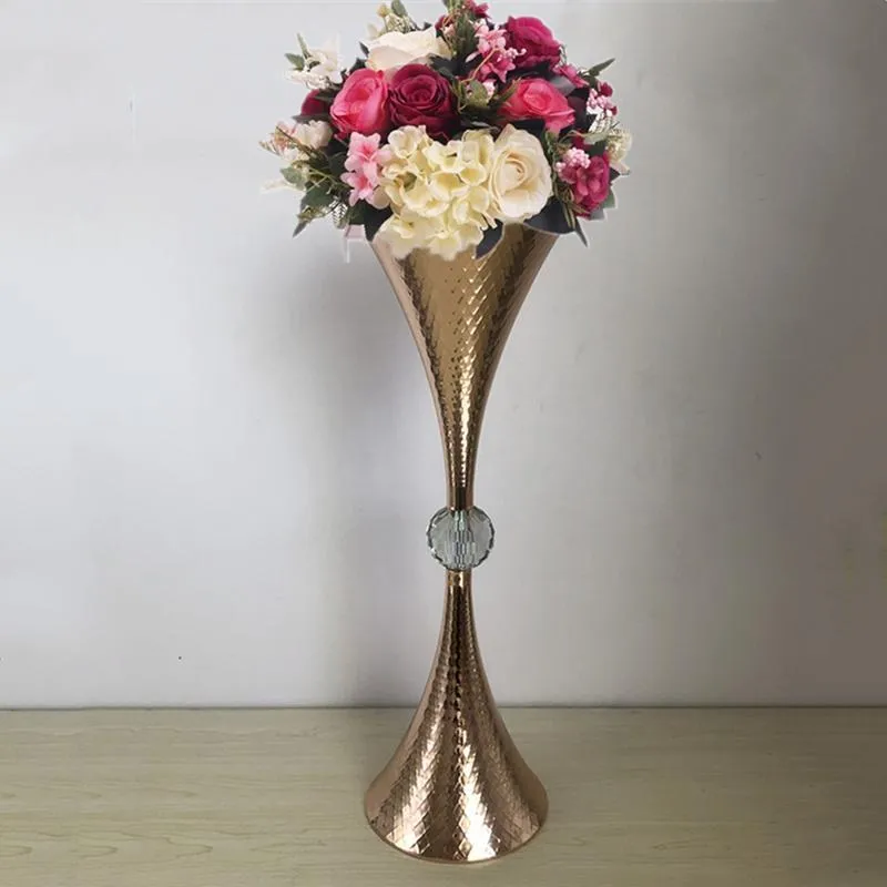 Gold Vase Trumpet Shape Crystal Wedding Table Centerpiece Event Road Lead Delikat Blomma Vaser För Heminredning