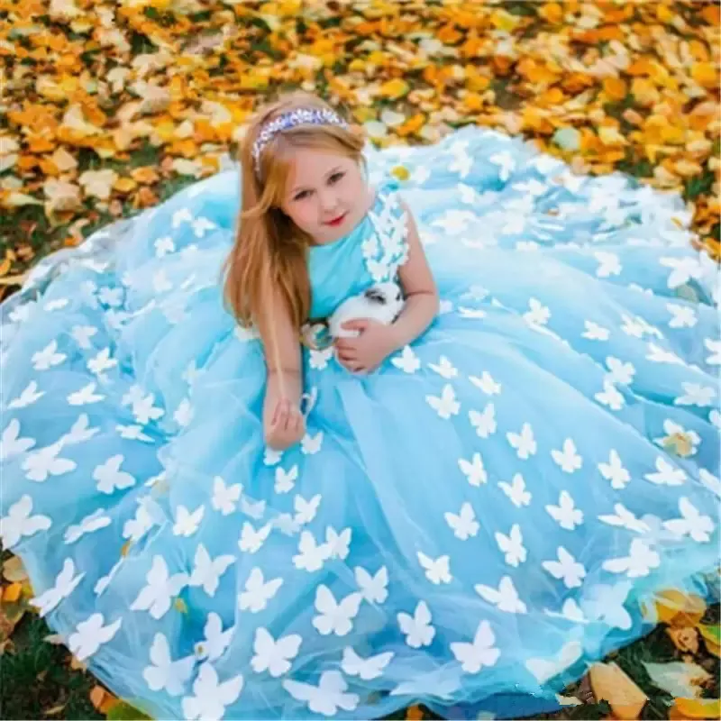 2022 Cute Light Blue Flower Girls Sukienki Do Wesela Klejnot Neck Biały Motyl 3D Kwiaty Tulle Princess Birthday Dzieci Dziewczyna Korant Suknie