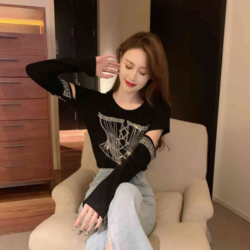 Lucyever Kadın Moda Parlak Matkap Oymak T-Shirt Bahar Ince O-Boyun Uzun Kollu Gömlek Kadın Kore Casual Tops Bayanlar 210521