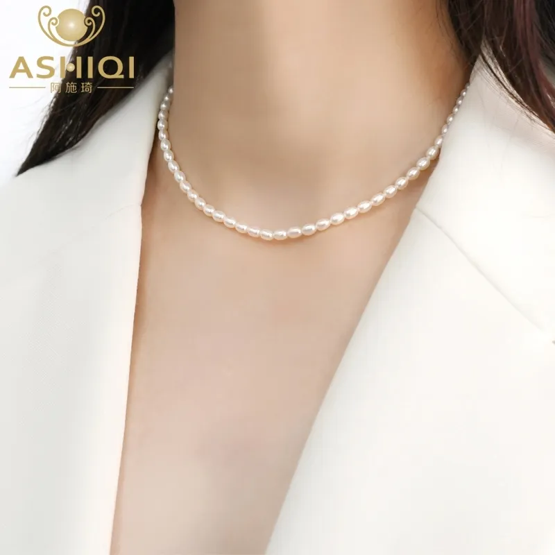 Ashiqi 3-4mmミニ天然淡水真珠のネックレス女性の結婚式925スターリングシルバージュエリー