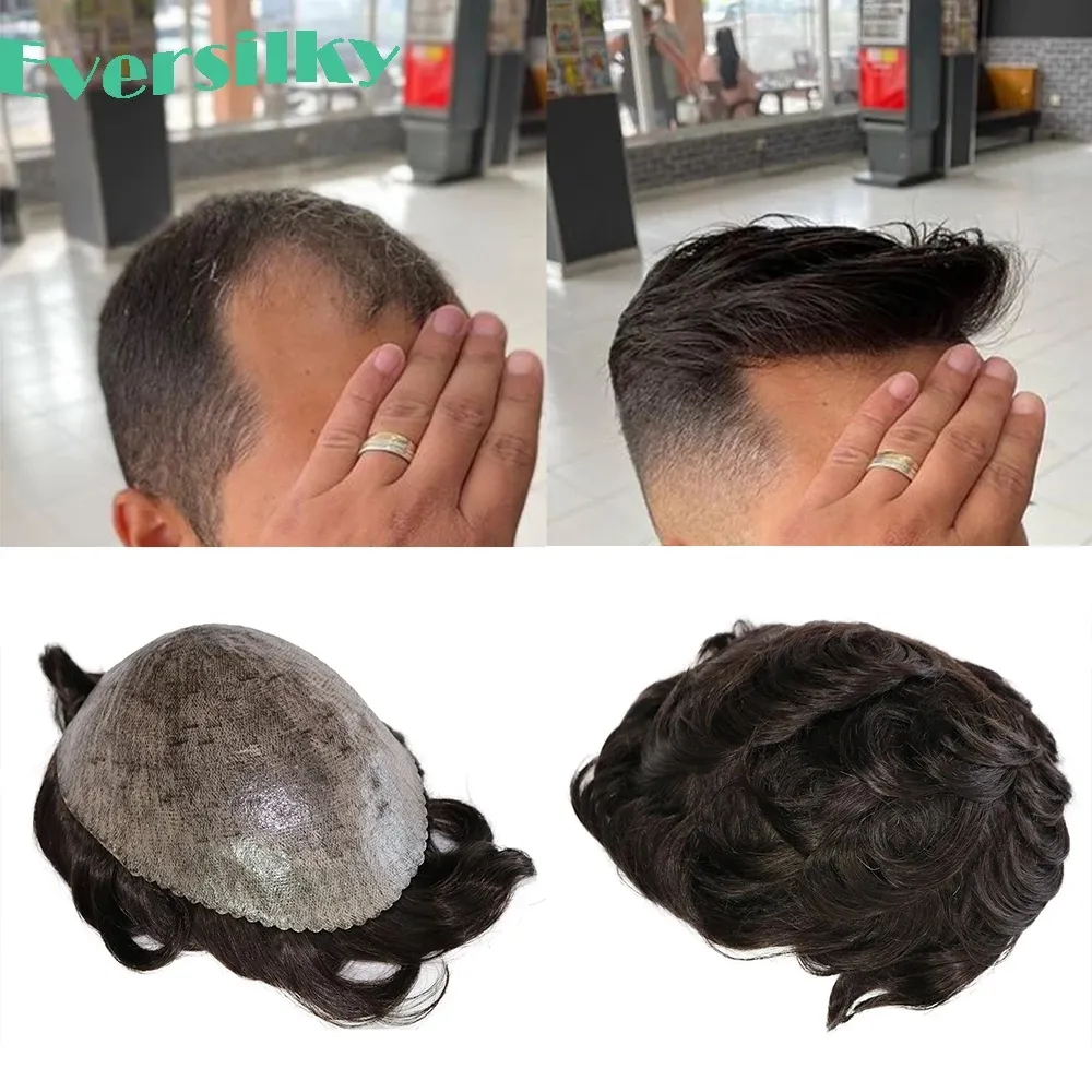 Slitstarka män toupees mjukt tunt hud PU-system naturlig utseende remy mänskliga hår mens peruk ersättningar toupee protes för man