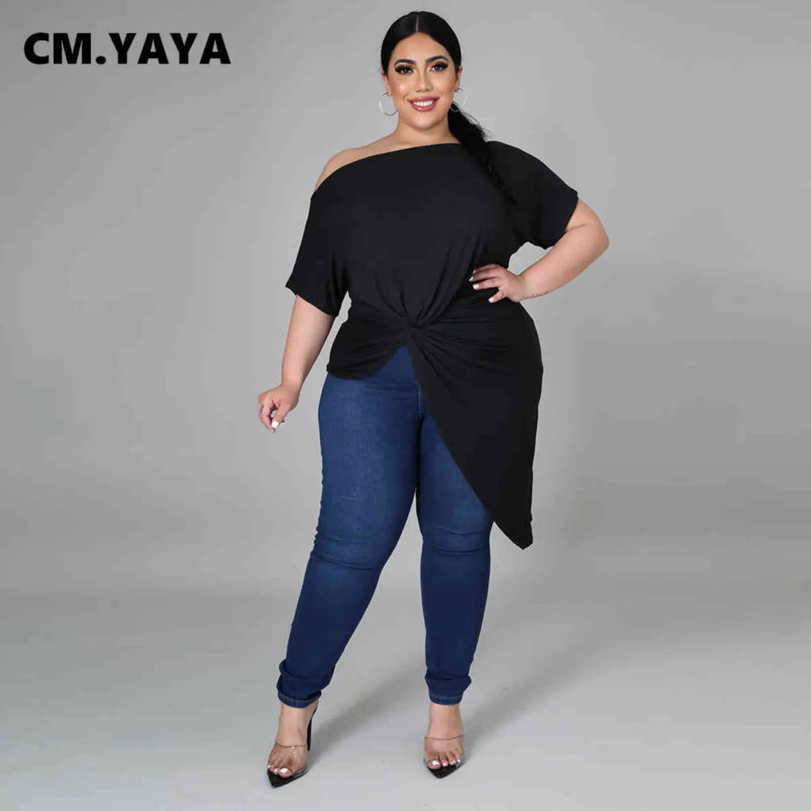 CM.YAYA Femmes T-shirts Plus La Taille L-5XL Solide Col Oblique À Manches Courtes Asymétrique Long T-shirts Femme Casual Street Top Tee 211116