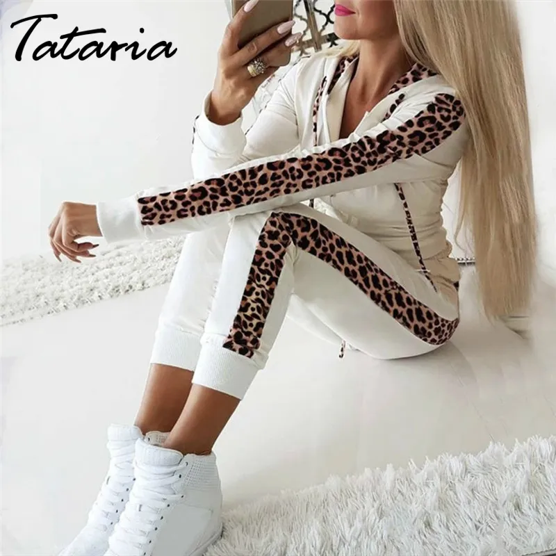 Tataria 2 Stück Set Frauen Leopard Gedruckt Trainingsanzug Herbst Winter Langarm Mantel Weibliche Hoodies Hosen Zwei Stücke 210514