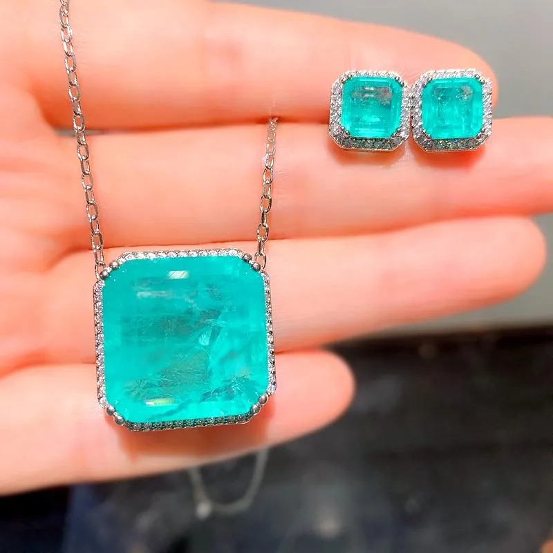 Kolczyki Naszyjnik Prestiżowy Kwadrat Paraiba Tourmaline Biżuteria Zestaw Dla Kobiet Fusion Kamień Zielona Ślubna Rocznica Gifts CZ