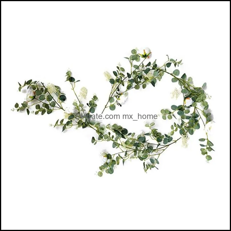 Hot Artificial Eucalyptus Garland with Little Camellia Faux Vines Ivy for Wedding Backdrop Arch Wall Decor