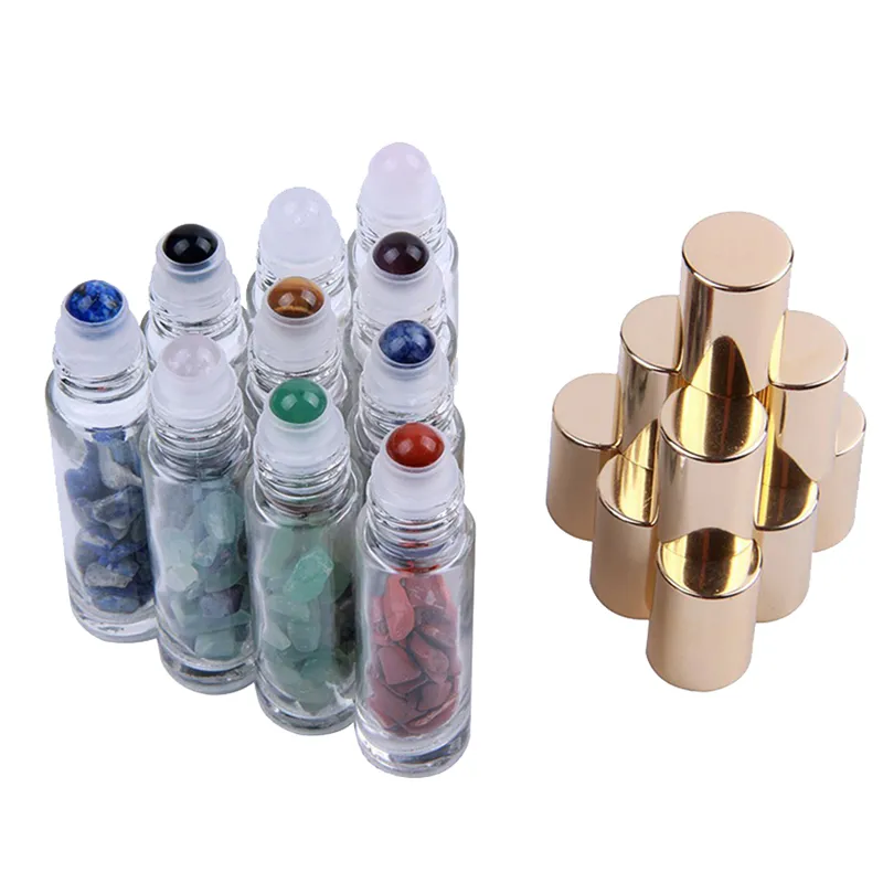 Pierres semi-précieuses naturelles Huile essentielle Gemstone Roller Ball Bottles Clear Glass Healing Crystal Chips10ML