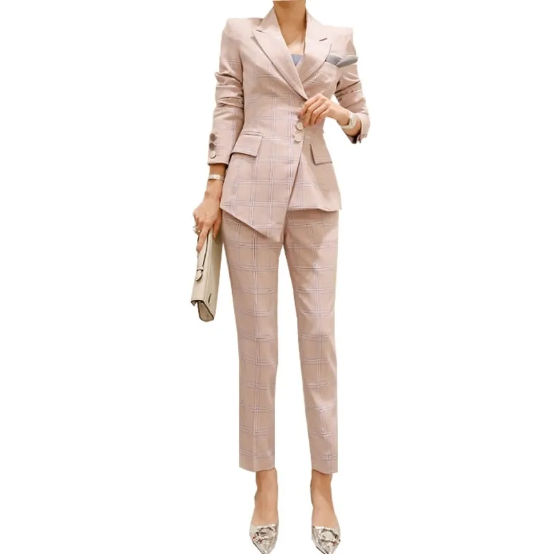 Pink Plaid Notch Collar Single Breasted Long Mouw Asymmetry Broek Pak Blazer Twee Stukken Office Lady Dames Set T0106 210514