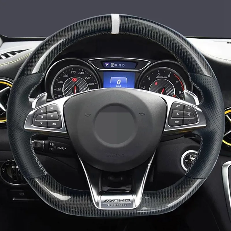غطاء عجلة القيادة سيارة عدم الانزلاق أسود ألياف الكربون والجلود لمرسيدس بنز S- فئة S500 2016 A-Class AMG A45 2016-2019
