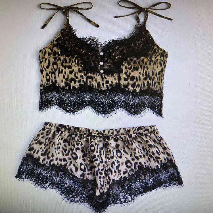 Sexig pyjamas leopard sexig underkläder set kvinnors imitation silke sexig underkläder 211203